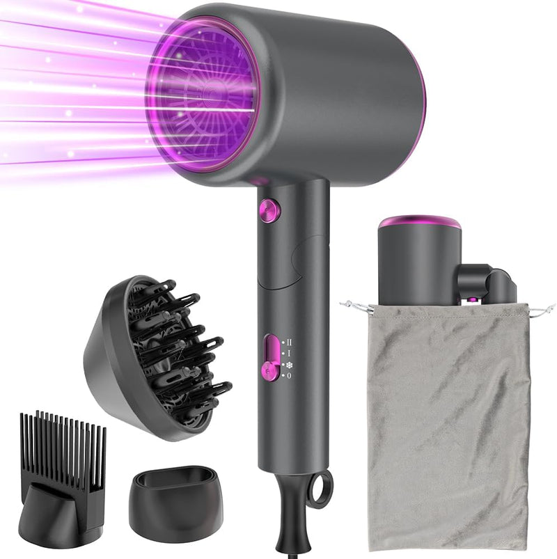 Oxsaytee 2400W Hair Blow Dryer with Diffuser, Foldable Mini Travel Hair Dryer, Ionic Hair Dryer With Storage Bag Bow Dryer for Curly Hair Fast Drying For Home Salon Travel (Black)