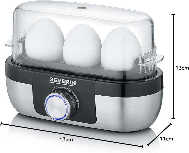 SEVERIN Egg cooker for 3 eggs with electronic control of cooking time, incl. measuring cup with egg pastes, egg cooker for ideal hardness, stainless steel brushed/black, 300 W, EK 3163