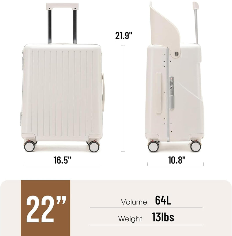 4-Wheel Checked Luggage with Seat for Kids, Travel Suitcase with Adjustable Handle and Hard Shell, Ride-On Suitcase with Child Seat Design for Family Travel, 22 Inch, White