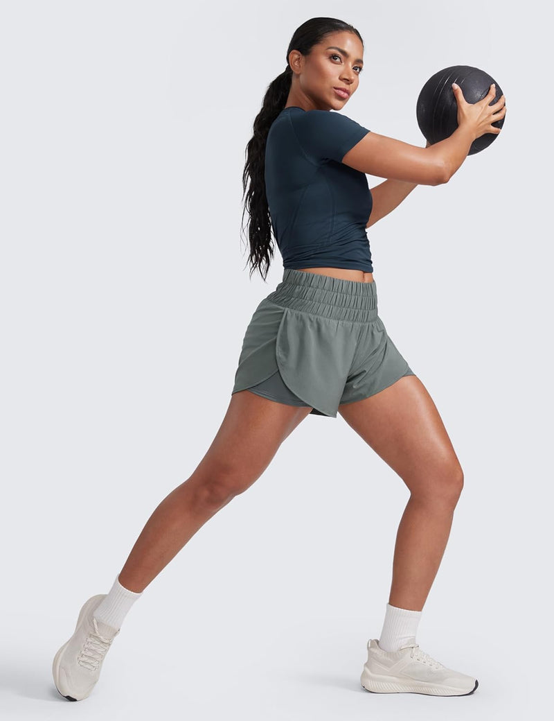 CRZ YOGA 2 in 1 High Waisted Running Shorts for Women 3" - Split Breathable Athletic Tennis Gym Workout Shorts with Pockets