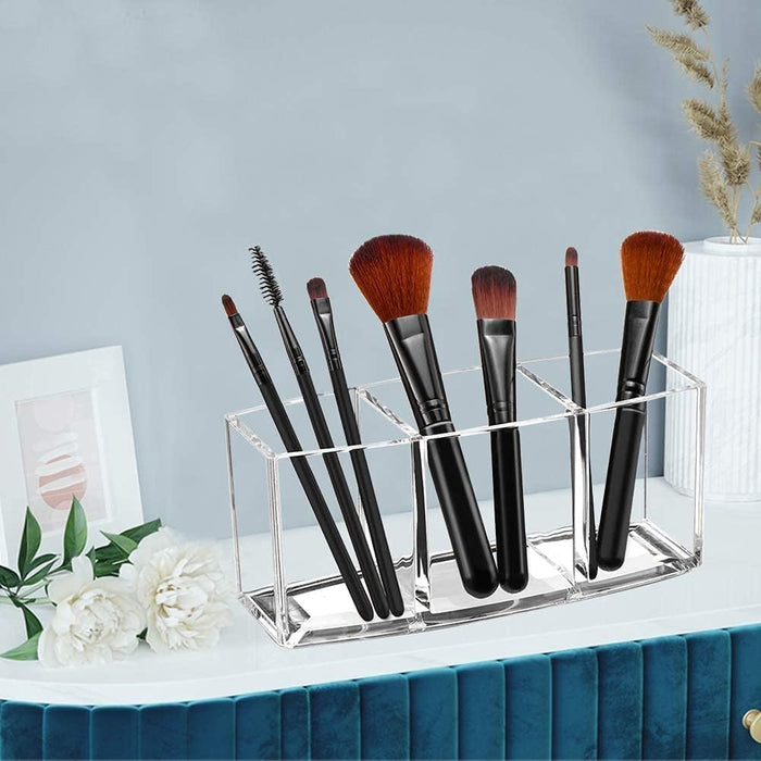 Sunnyrobby Acrylic Makeup Brush Organizer Clear Cosmetic Storage with 3 Slots Eye Liner Display Holder Clear Makeup Brush Holder