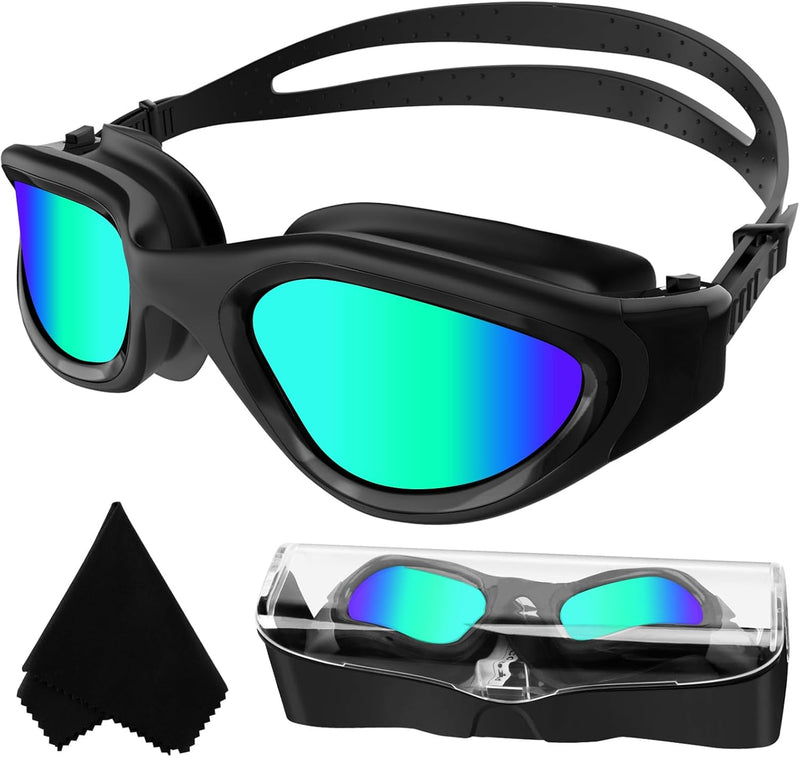 Winline Swimming Goggles Polarized Lenses Anti Fog Anti UV Waterproof Clear Vision Easy Adjust Soft Bridge for Men Women Adults Teens - PC-All Black/Non-polarized Gold Mirrored Lens