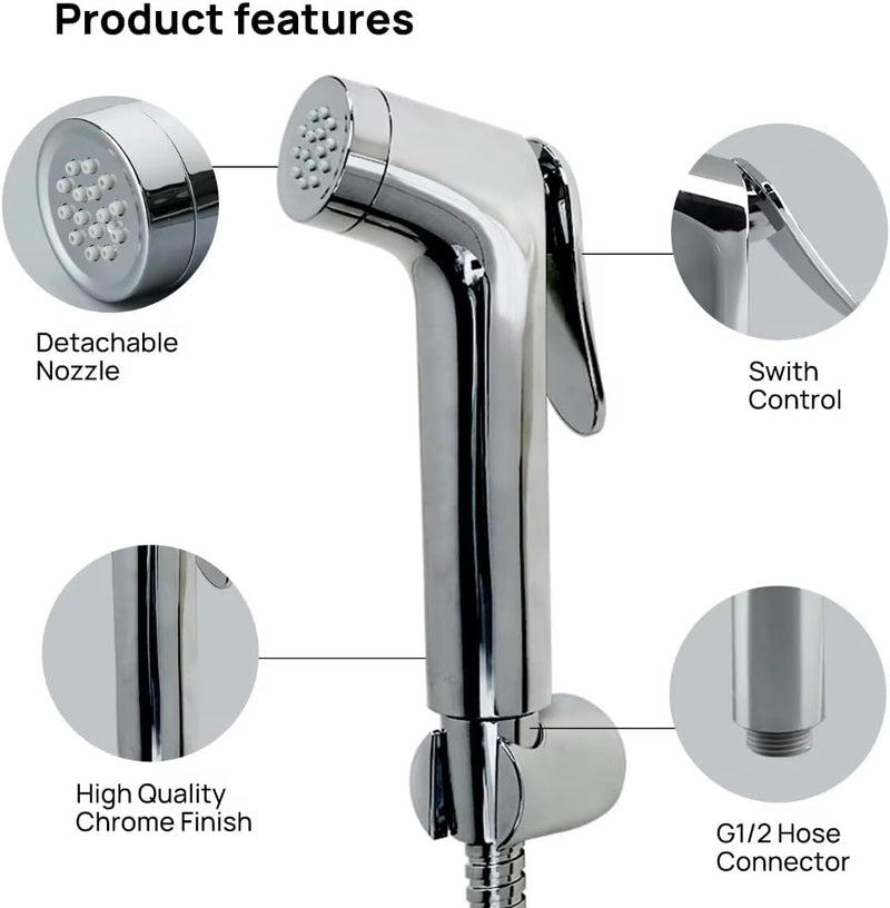 SHOWR Shattaf Set,Bidet Sprayer for Toilet With 47" Stainless Steel Bidet Hose,Wall Mounted for Bathrooms,Chrome.