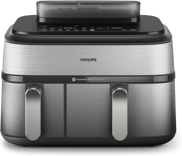 Dual Basket AirFryer 3000 Series - 2750W, 9L Capacity, 2 Basket Drawers, 8 Presets Touchscreen, Black - NA350/00 - With Steam FUnction Dual Basket 9L