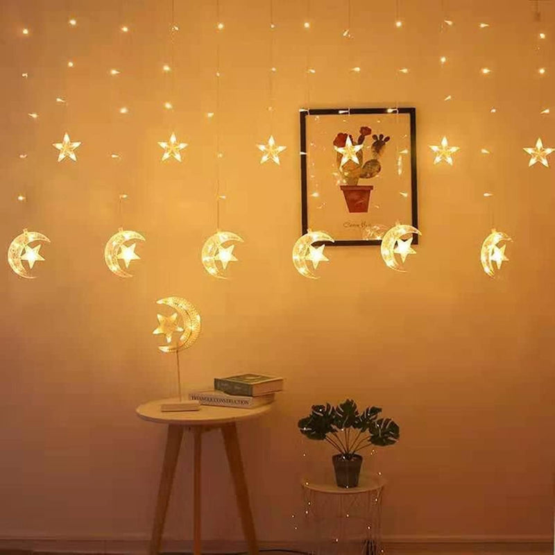 YU WELL EID Ramadan Decoration Lights, Star with Moon and serial lights, 3.5M Ramadan Lights with 8 Sequence Modes, comes with 220V. Celebration Lights (Stars with Mosque) - Moon with Star (Battery)