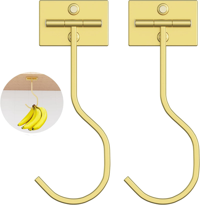 2-Pack Self Adhesive Banana Hook, Metal Banana Hanger Hook,Under Cabinet Hook For Bananas Or Other Kitchen Items, Foldable Banana Hook, Folds Up With Magnets When Not In Use, Keep Bananas Fresh,Gold - Gold