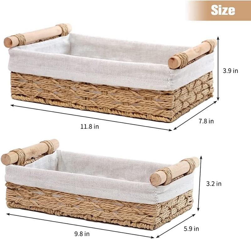 BOBBYQ Round Paper Rope Storage Basket Wicker Baskets for Organizing with Handle Decorative Storage Bins for Countertop Toilet Paper Basket for Toilet Tank Top Small Baskets Set (Set of 2,Beige)