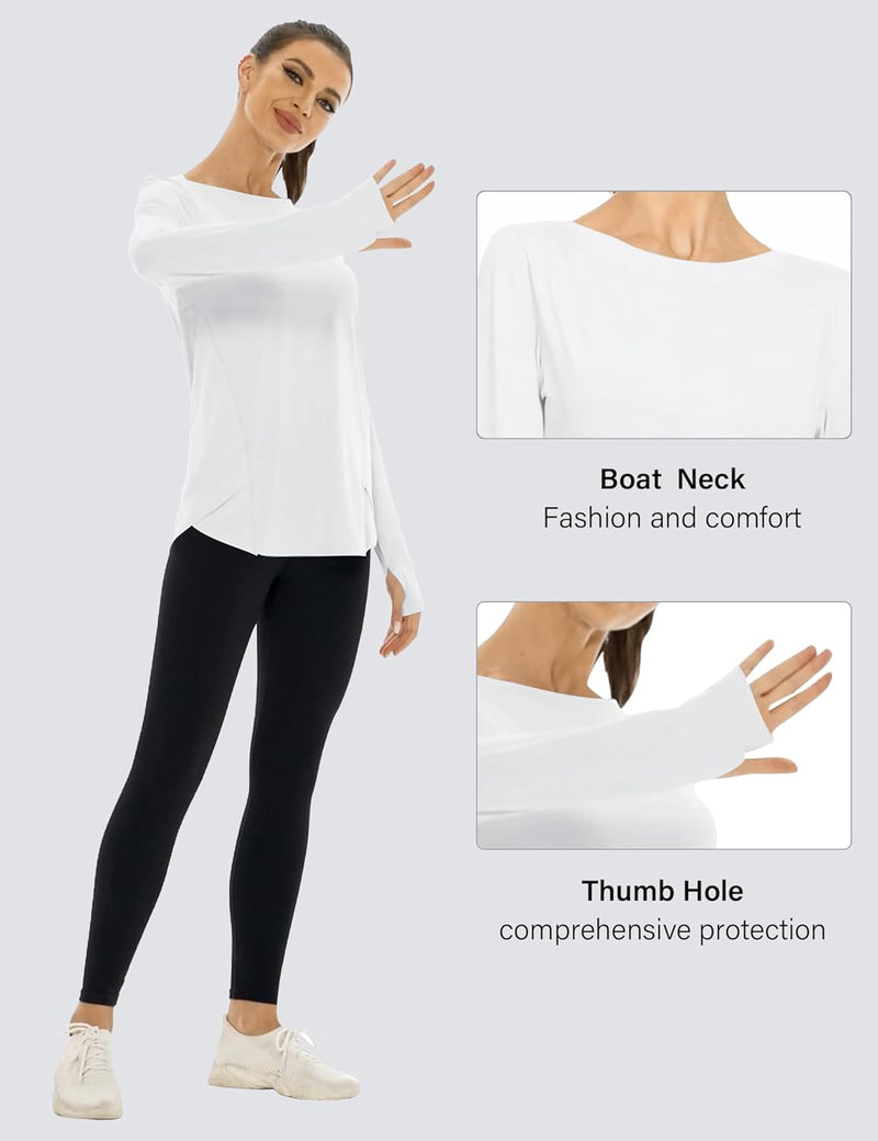 Rapbin Women's UPF 50+ Sun Protection T-Shirts Long Sleeve Boat Neck Workout Lightweight Quick Dry Top with Thumb Hole