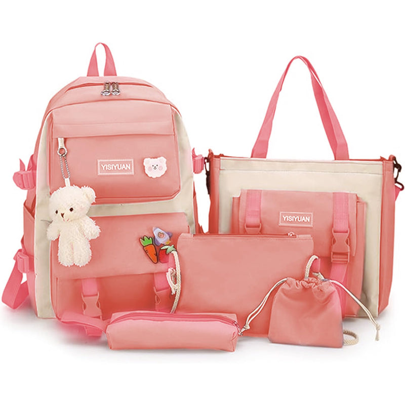 STAYOUNG 5 PCS Backpack for Kids with Cute Bear Accessories - Accessories Aesthetic Rucksack for Teen School Bookbag, Shoulder Bag, Handbag, Pen Pouch & More(Pink)