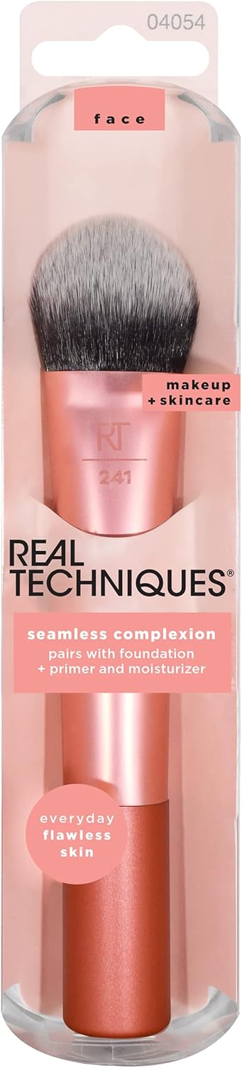 REAL TECHNIQUES Seamless Complexion Makeup Brush, Four Foundation, Primer, And Moisturizer, Makeup & Skincare Face Brush, Streakfree And Natural Finish, Orange, 1 Count