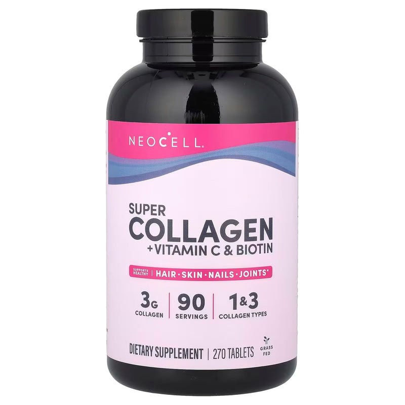 NeoCell Super Collagen Peptides + Vitamin C & Biotin, 3g Collagen Per Serving, Gluten Free, Promotes Healthy Hair, Beautiful Skin, and Nail Support, Dietary Supplement, 270 Tablets