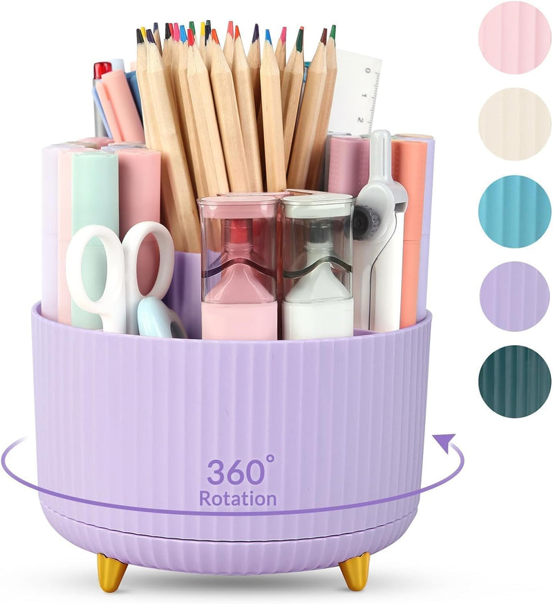 SKYDUE 360 Degree Rotating Desk Organizer, Dual-Purpose Pencil Pen Holder for Desk, Rotating Desk Pen Organizer with 5 Slots, Art Supplies, Pencil Cup for Office, School, Home (Purple) - 5.8*5.8*4.7 Inches Purple_1Pack