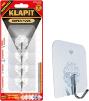 KLAPiT Super Hook Heavy Duty Adhesive, Holds 11 Pounds or 5Kg Weight, Waterproof and Damage Free for Wall, Tile, Wood, Stone, Glass, Metal, Made of Steel (Clear, 4 pc) - 4 pc Clear