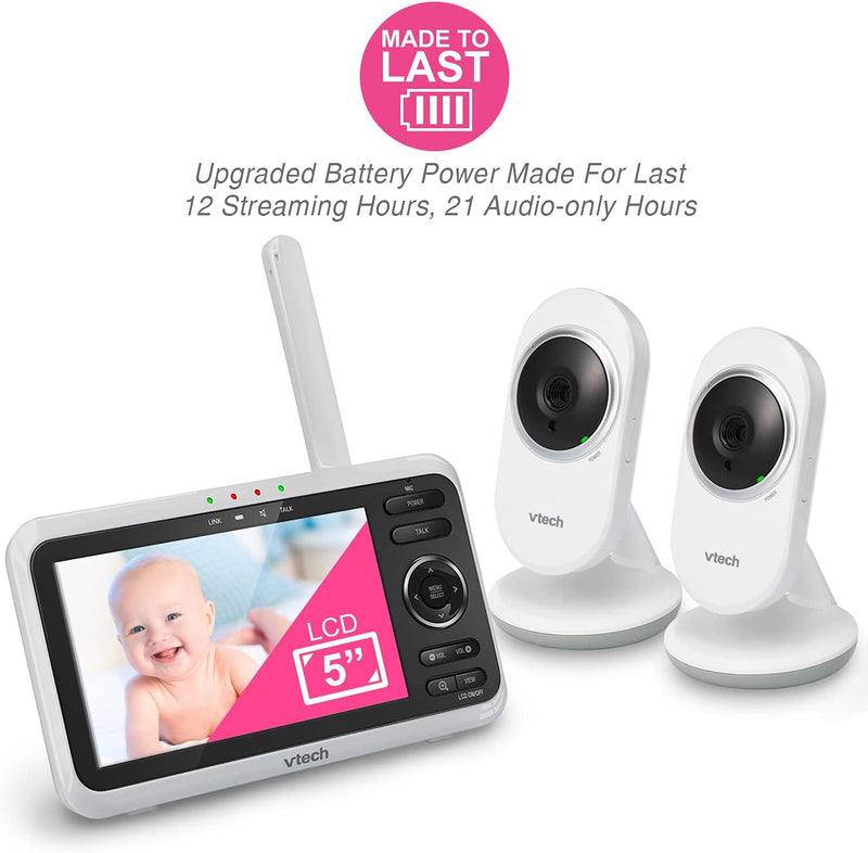 VTech [Upgraded] VM350-2 Baby Monitor, 5" Screen,2 Cameras,1000ft Range, Night Vision, 2-Way Audio, Lullabies, Secure Transmission No WiFi