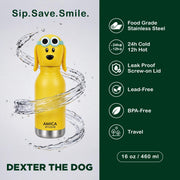 Kids Water Bottle 460ml Insulated Stainless Steel - AMICA STUDIO (Dexter Dog)