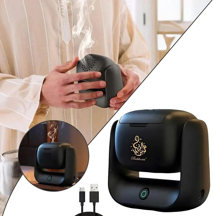 Smart Electric Bukhoor fragrance diffuser for Car and Home – Portable USB Rechargeable Oud Diffuser with Rotating Base – Flameless Incense Burner for Arabic Oud, Bakhoor, and Aromatherapy