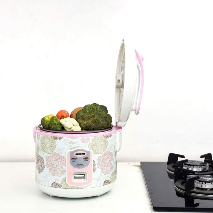 Geepas 1.5 L Electric Rice Cooker With Steamer | 500W Non-Stick Inner Pot, Automatic Cooking, Easy Cleaning, High-Temperature Protection - Make & Steam Healthy Food Vegetables
