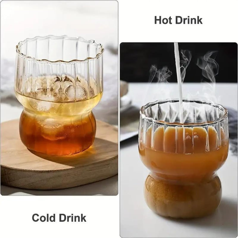 1CHASE Ribbed Drinking Glasses with Straws 320 ML (Set of 4), Ripple Borosilicate Glassware, Mixed Drinkware Sets, Drinking Glasses for Juice, Beer, Iced Coffee, Tea and Cocktails (11 oz)