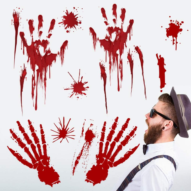Halloween Bloody Handprint Footprint Stickers Decorations, 8 Sheets/64 Pcs Halloween Wall Window Floor Clings Decals, Scary Stickers For Haunted House Party