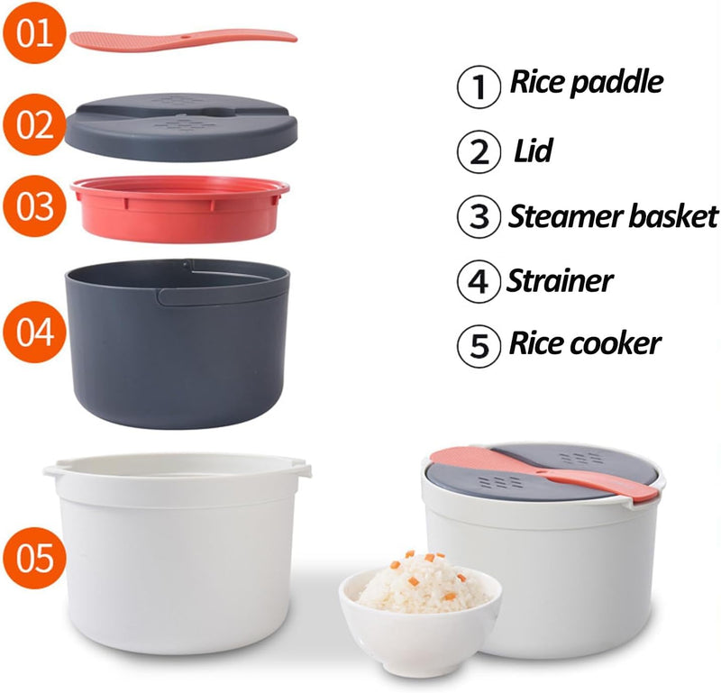 Microwave Rice Cooker, 2L Microwave Steamer Set with Rice Scoop, Lid, Strainer and Steaming Pot, Microwave Rice Maker Set for Pasta, Potato, Vegetables, Quinoa, Oatmeal, Non-stick, BPA Free (Orange)