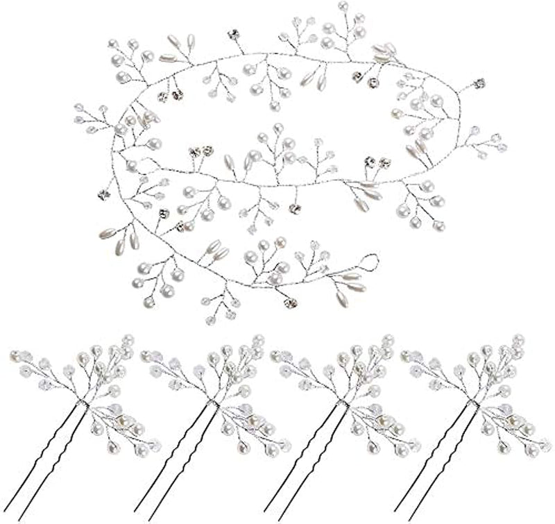 Wedding Pearl Hair Vine *1 + Crystal Hair Pins *4 - Bride Jewelry Hair Accessories Bridal Headband Headwear Pearl Wedding Hairband Headpiece for Wedding Prom Party Festival Headdresses for Women Girls