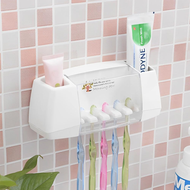 HEXAR Toothbrush Holder, 5 Slots 2 Cups Multifunctional Space-Saving Toothbrush and Toothpaste Holder, Dust Protection Cover Drain Holes Suction Hook Wall Mounted for Washroom and Bathroom - Light Beige