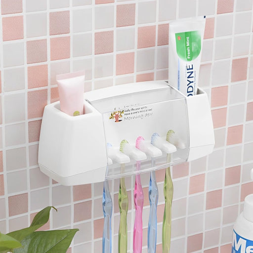 HEXAR Toothbrush Holder, 5 Slots 2 Cups Multifunctional Space-Saving Toothbrush and Toothpaste Holder, Dust Protection Cover Drain Holes Suction Hook Wall Mounted for Washroom and Bathroom - Light Beige