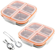 Snack Box with Compartments, 2 Pieces 600 ml Stainless Steel Lunch Box with 4 Compartments & Leak-proof Lid, Reusable Bento Box with 2 Spoons for Fruit, Vegetables, Meat, Sweets, Nuts
