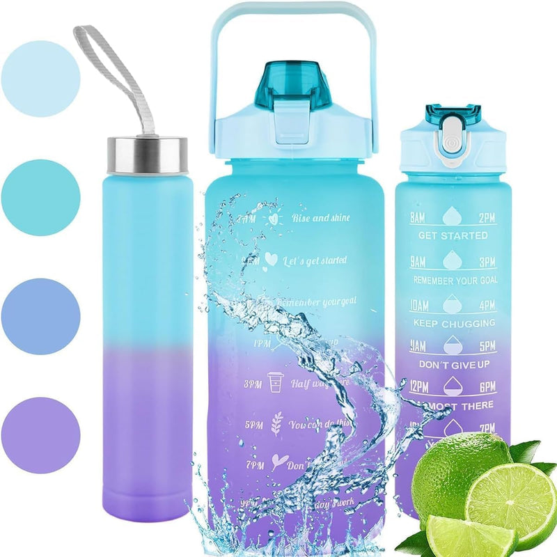 3Pcs Water Bottles (2L+900ml+300ml),Time Marked Motivational Sporty Designs, Leak Proof, BPA Free for Adults Kids Office Gym Exercise and Protein shakes