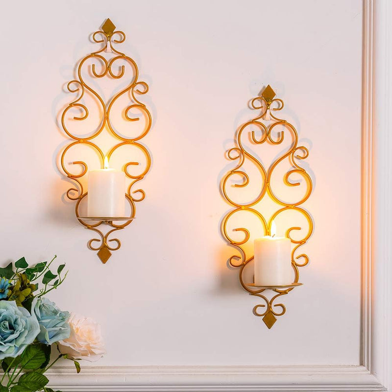 Sziqiqi Wall Candle Sconce Holder Set of 2 Hanging Wall Mounted Pillar Candle Sconces Holder, Wall Sconces Decor for Bedroom Dining Room Living Room Bathroom (Gold)