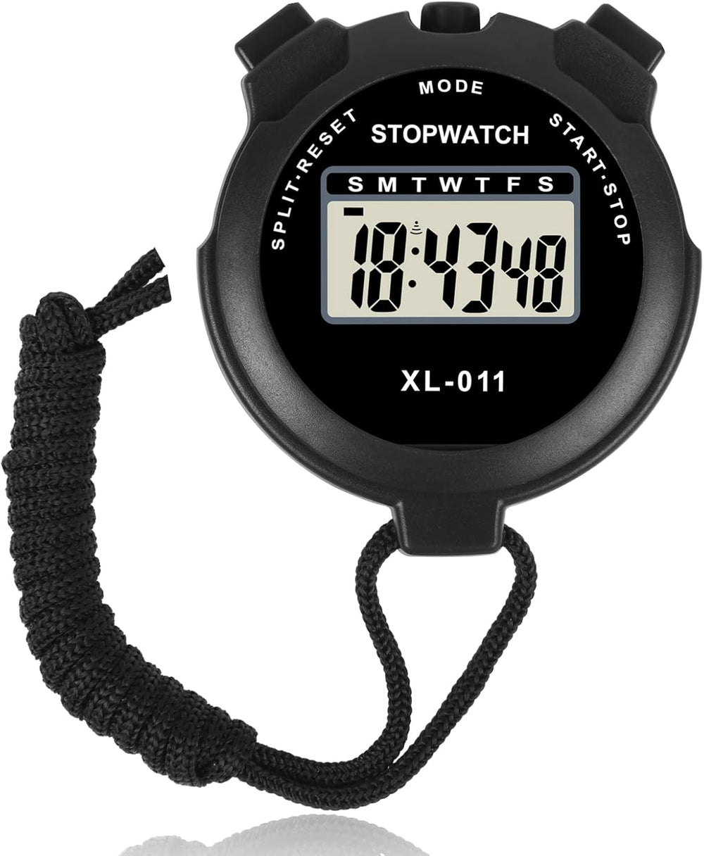 Vicloon - Digital Sports Timer, Simple Travel Stopwatch with Large Display, Single Turn Split Timer, 12/24 Hour Clock, Alarm Date (Black)