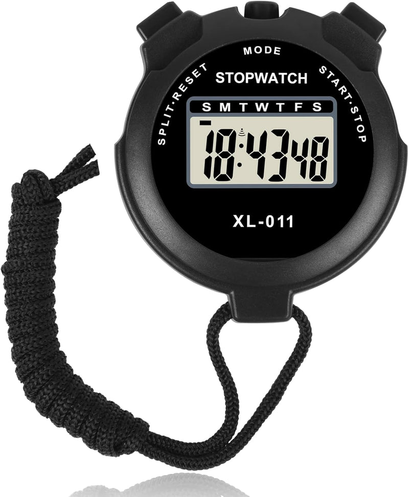 Vicloon - Digital Sports Timer, Simple Travel Stopwatch with Large Display, Single Turn Split Timer, 12/24 Hour Clock, Alarm Date (Black) - Black