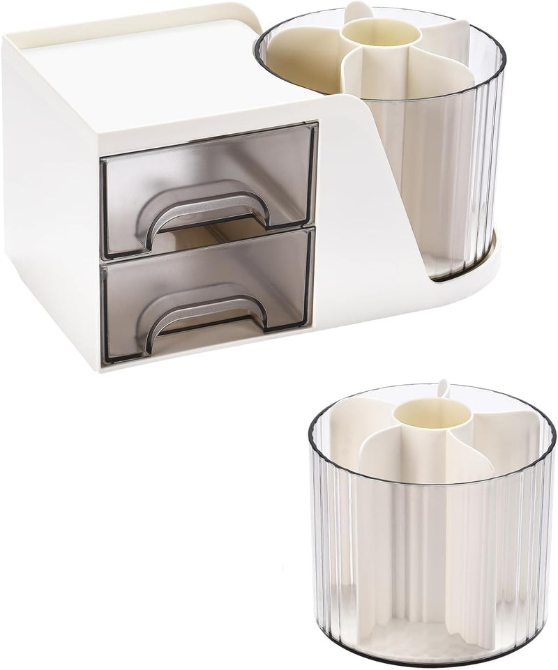 Excefore Modern Chic Desk Organizer with 2 Drawer, 360° Rotating Pencil Pen Holder, 5 Compartments + Drawer for Office Home Art Supplies, White
