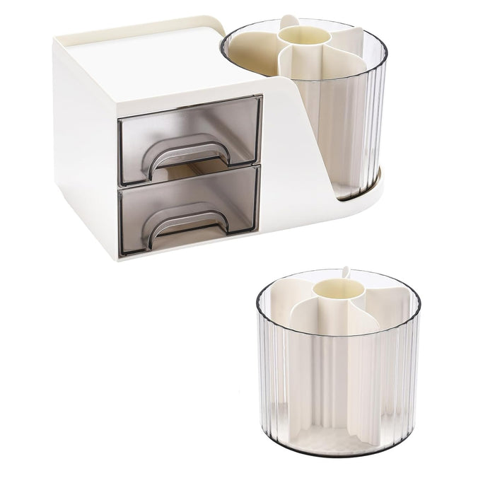 Excefore Modern Chic Desk Organizer with 2 Drawer, 360° Rotating Pencil Pen Holder, 5 Compartments + Drawer for Office Home Art Supplies, White