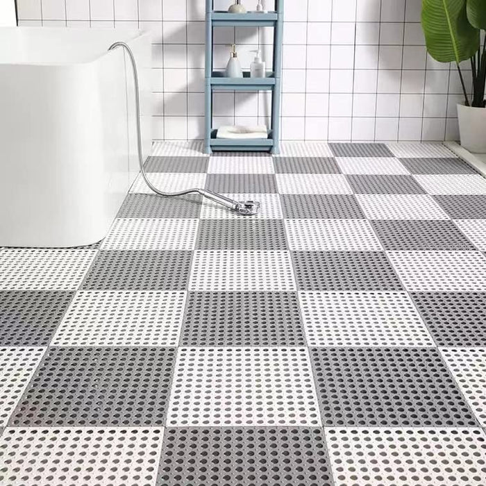 12PCS Bath Mat Non Slip Shower Mat Bathroom Mats Bathroom Rugs Interlocking Soft Floor Mats DIY Floor Mat with Drain Holes for Home Kitchen Bathroom Shower Pool Balcony (Ordinary 6pcs Gray+6pcs White)