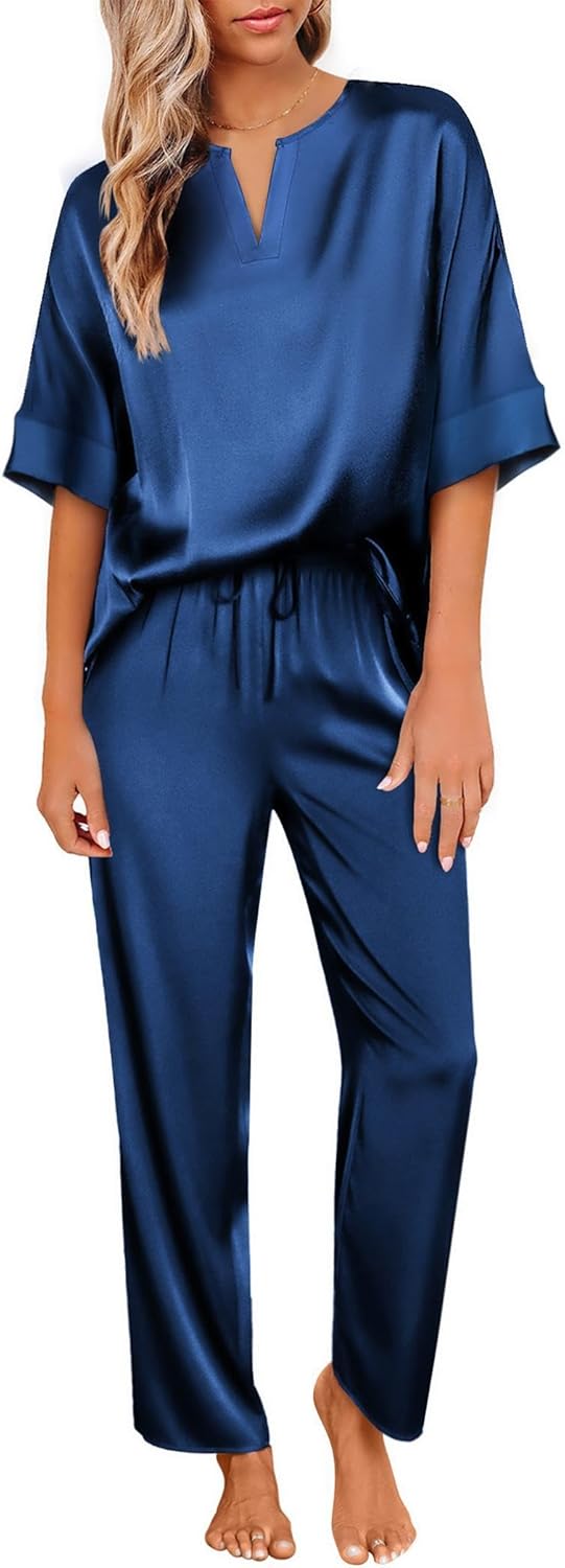 Satin Pajama Set Womens Silk Short Sleeve V Neck Shirt with Long Pant Soft Loungewear Pjs Set Black - Navy Blue