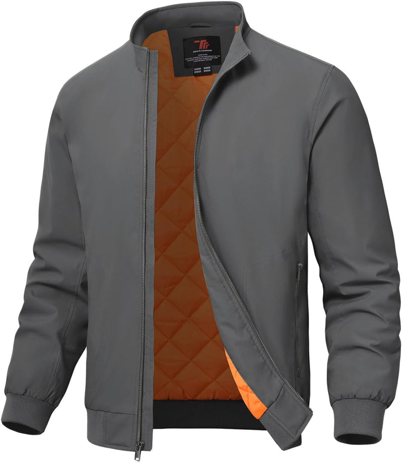 Men's Quilted Bomber Jacket, Casual Padded Winter and Fall Jacket, Full-Zip Windproof Work Coat - Dark Grey
