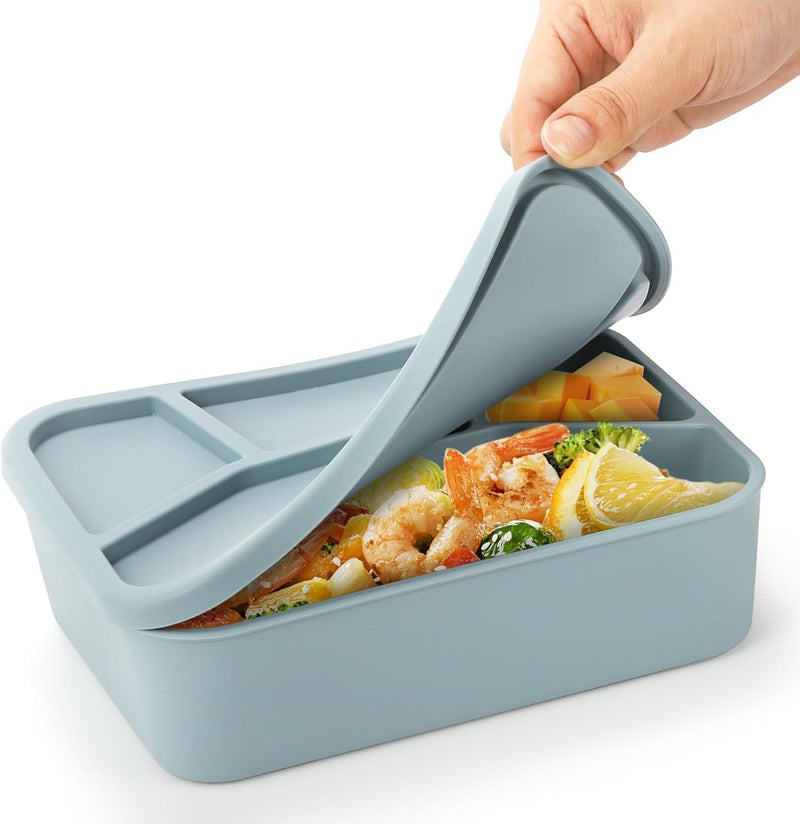 NimbusNote Silicone Bento Box, 4 Compartment Leakproof Lunch Box with Lid, 42 Oz Food-Grade Divided Meal Container for Adults & Kids, BPA-Free, Microwave Oven Freezer Dishwasher Safe (Gray Blue)