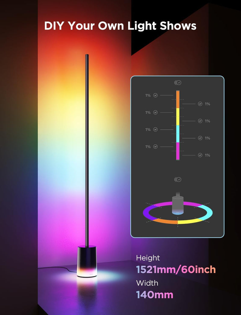 Floor Lamp 2, RGBIC Smart Floor Lamp for Living Room, Bedroom 1725lm, Warm Cool White LED, 2200K-6500K, Compatible with SmartThings, Matter, Alexa, Music Sync, Scene Modes, Black(1 Pack)