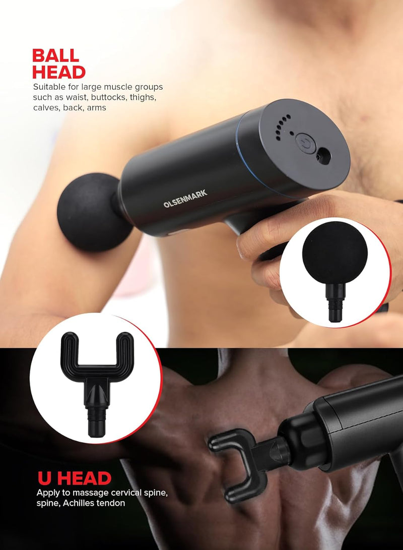 Olsenmark 6-in-1 Percussion Massage Gun Cordless & Rechargeable Deep Tissue Massager with 6 Detachable Heads, 6 Speed Levels, Ergonomic Grip for Full-Body Pain Relief, Stress Reduction, Black