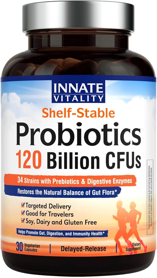 3-in-1 Probiotics 120 Billion CFUs 34 Strains with Organic Prebiotics & Digestive Enzymes - 30 Vegan Caps