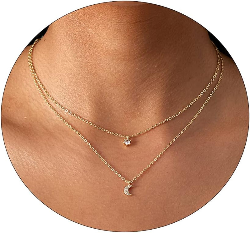 Diamond Necklaces for Women Dainty Leaf Necklace 14k Gold Plated Layered CZ Moon Necklace Simple Diamond Choker Necklaces for Women Trendy Jewelry Gifts for Girls - Gold Layered CZ Moon 16.5/2 Inch