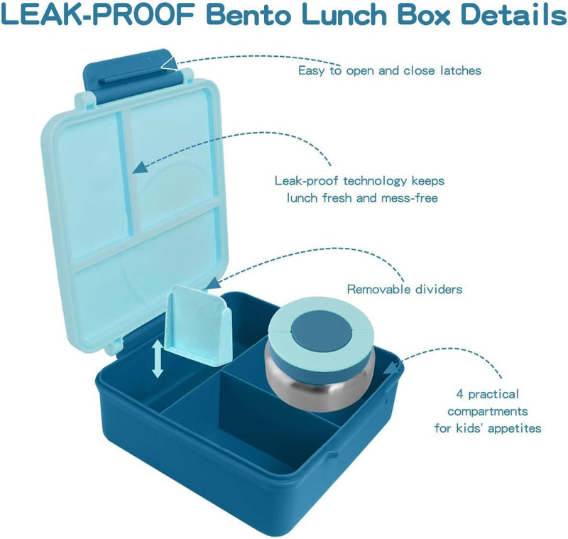 Lunch Bento Box for Kid and Adult,with Insulated Steel Jar Inside,4 Compartment Microwave & Dishwasher & Freezer Safe,BPA Free(Blue)