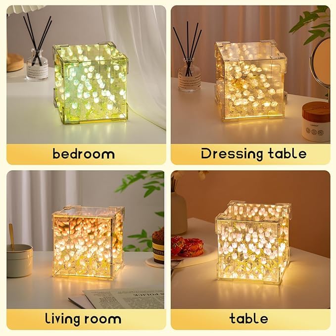 Tazweeq Tulip Night Lamp, Bedroom LED Decorative Night Lamp, Handmade DIY Rubik's Cube Tulip Table Lamp and Mirror 2 in 1, Exquisite Birthday Gifts