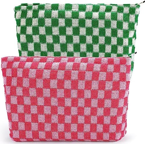 ZLFSRQ 3Pcs Checkered Makeup Bag for Women Large Cosmetic Bag Set Travel Toiletry Bag Makeup Pouch Bag for Purse Pink Zipper Storage Bag Organizer Cute Small Aesthetic Girls Car Essentials Bag