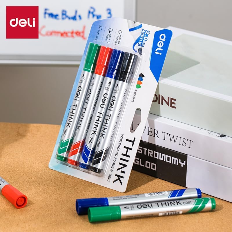 Deli Think Whiteboard Markers 4-Pieces, Assorted