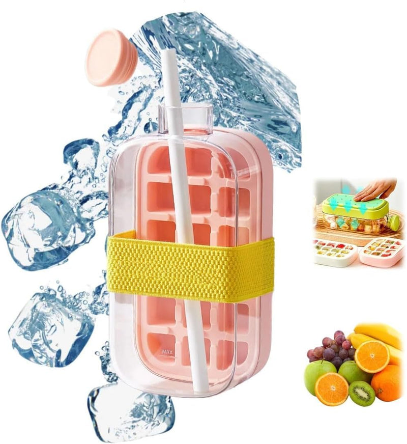 Ice Bottle Cup, 2 in 1 Zero Touch Press Ice Cube Mold Water Bottle with Lid and Straw, Zero Touch Press Ice Cube Mold for Coffee, Beers, Juice And Beverages (pink) - pink
