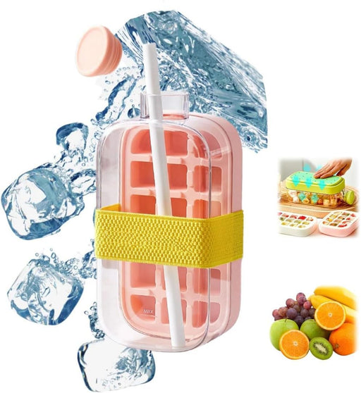 Ice Bottle Cup, 2 in 1 Zero Touch Press Ice Cube Mold Water Bottle with Lid and Straw, Zero Touch Press Ice Cube Mold for Coffee, Beers, Juice and Beverages (white) - pink