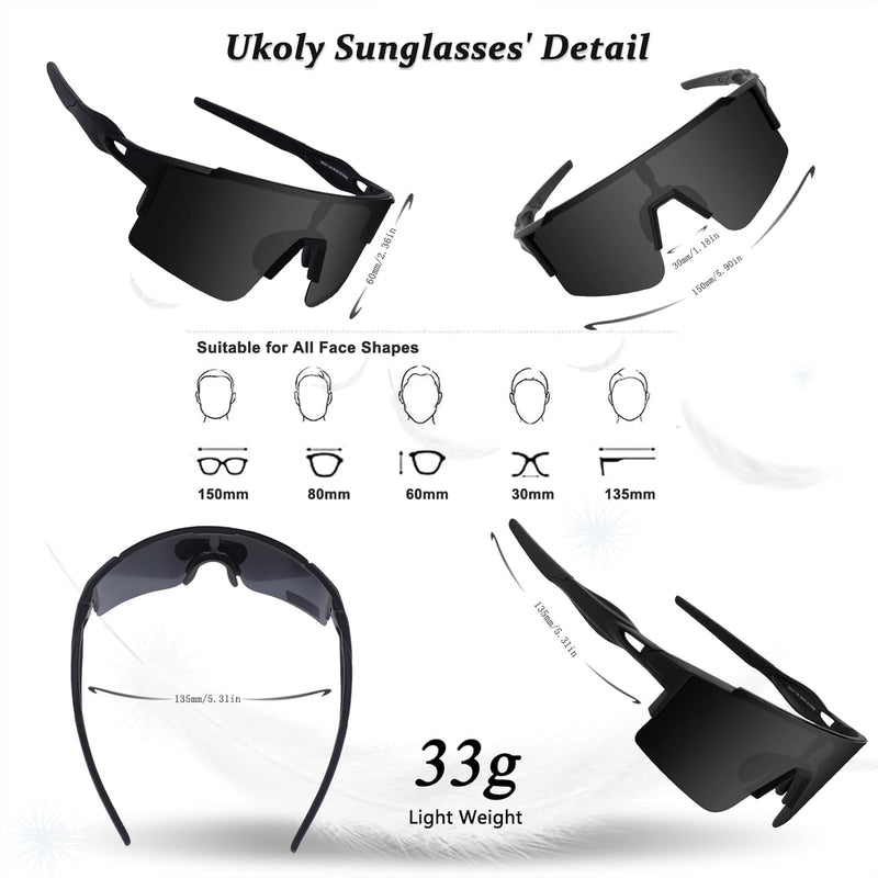 Ukoly Cycling Sunglasses for Men Women with 3 Interchangeable Lenses, Polarized Sports Sunglasses, Baseball Sunglasses