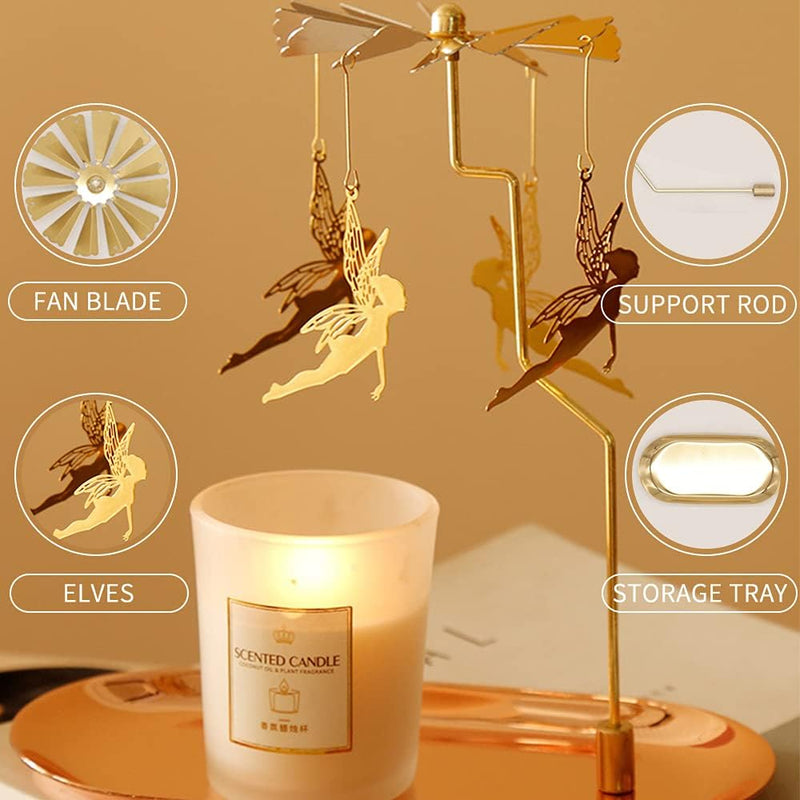 Creahaus Rotating Candle Holder with Tray, Gold Candle Spining Metal Holder for Christmas, Valentine's Day, Party Table Decor, Gift (Gold Carousel)